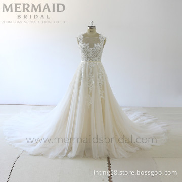 Lace Open Back Bridal Gown Long Trail Princess Wedding Dress